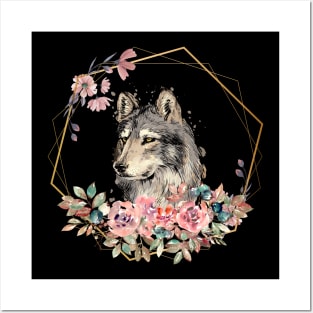 Wolf Face Floral Look Posters and Art